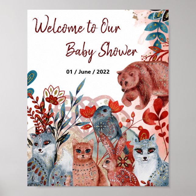 Poster baby shower rouge et bleu avec animaux (Devant)
