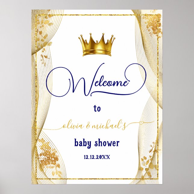 Poster Baby shower Royal Blue Gold Prince Bienvenue (Devant)