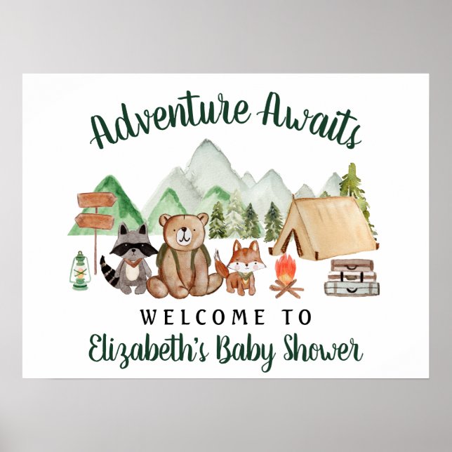 Poster Baby shower Rustique des animaux de bois (Devant)
