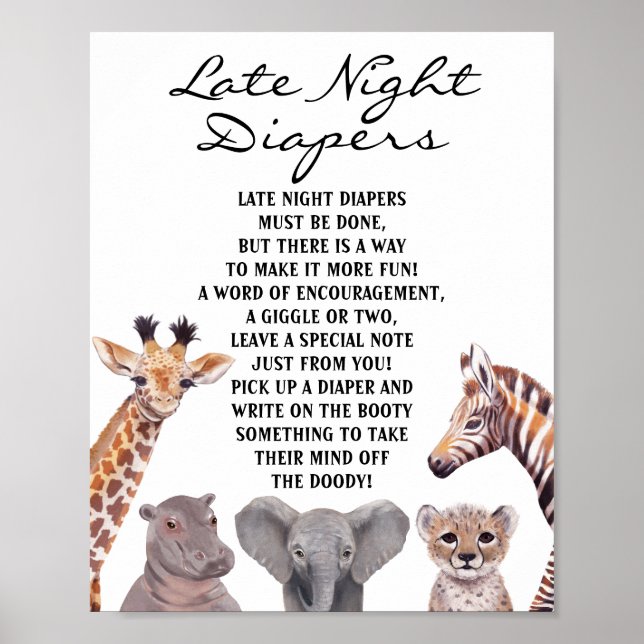 Poster Baby shower Safari Animaux Late Night Diapers (Devant)