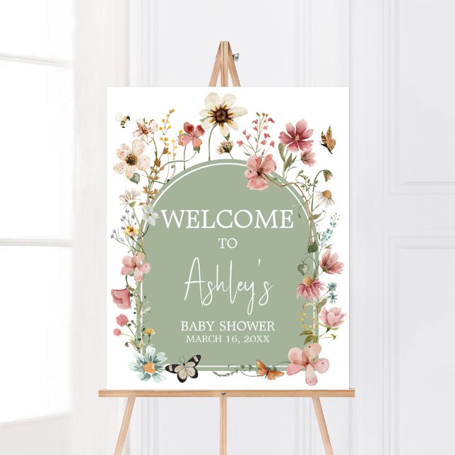 Poster Baby shower Sage Green Baby Bloom Bienvenue (Gender Neutral Wildflower Baby Shower Welcome Sign)