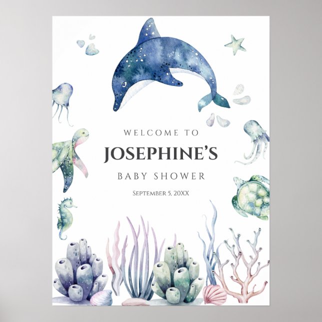 Poster Baby shower Sea Life Bienvenue (Devant)