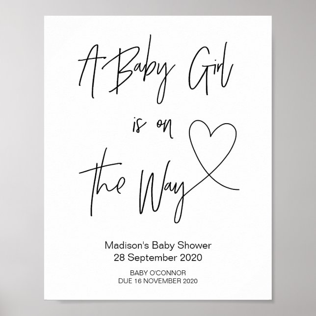 Poster Baby shower simple bébé fille signe avec coeur (Devant)