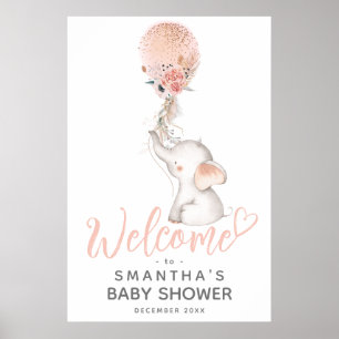 Poster Baby shower simple Elephant & Balloon Girl Bienven
