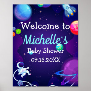 Poster Baby shower spatial planète astronaute bleue