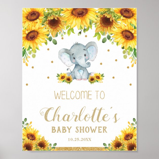 Poster Baby shower Sunflower Cute Elephant Boy Bienvenue (Devant)