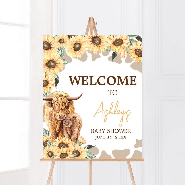 Poster Baby shower Sunflower Highland Cow Bienvenue (Summer Holy Cow Baby Shower Welcome Sign)