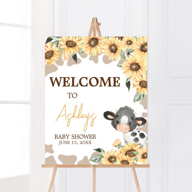 Poster Baby shower Sunflower Holy Cow Bienvenue (Summer Highland Cow Baby Shower Welcome Sign)