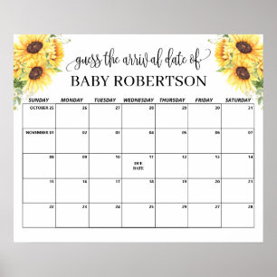 Poster Baby shower Sunflowers Guides Date d'échéance Cale