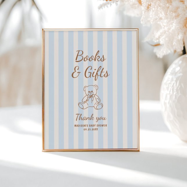 Poster Baby shower Teddy Bear Tan Blue Stripes (Créateur téléchargé)