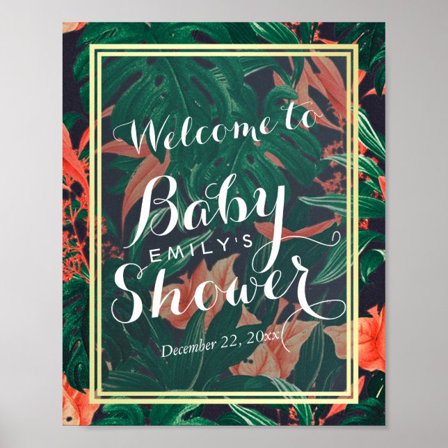 Poster Baby shower Tropical Floral Gold Frame Bienvenue (Devant)