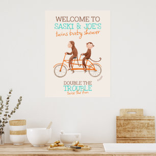 Poster Baby shower Twins Monkey Double Trouble Bienvenue