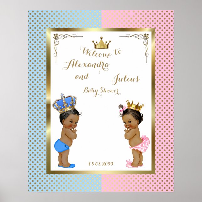 Poster Baby shower TWINS, rose&bleu, élégant, 300pp de 16 (Devant)