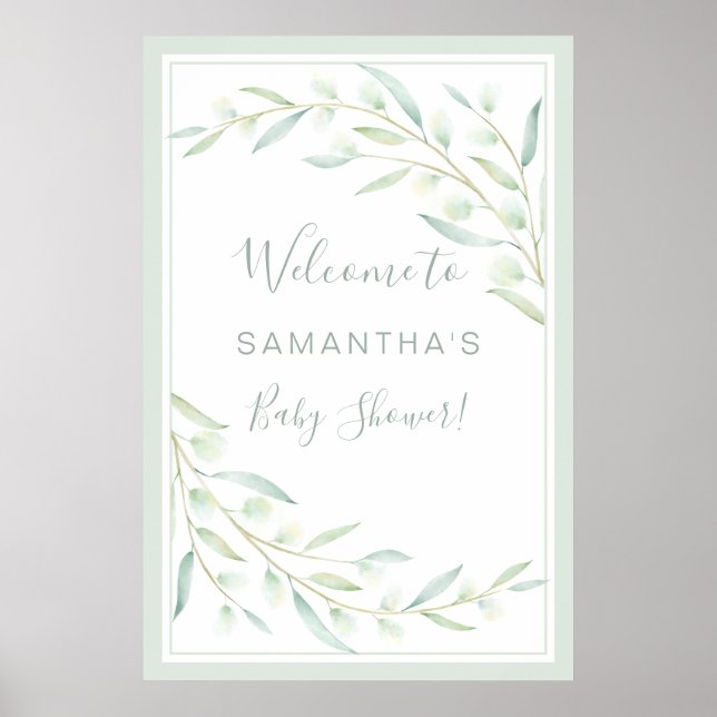 Poster Baby shower Verdure Élégante aquarelle Foliage (Devant)
