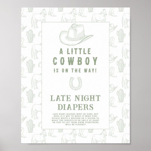 Poster Baby shower vert Cowboy Late nuit couches jeu (Devant)