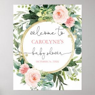Poster Baby shower vert fille rose signe de bienvenue