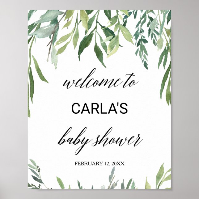 Poster Baby shower vert moderne Foliage Accueil (Devant)