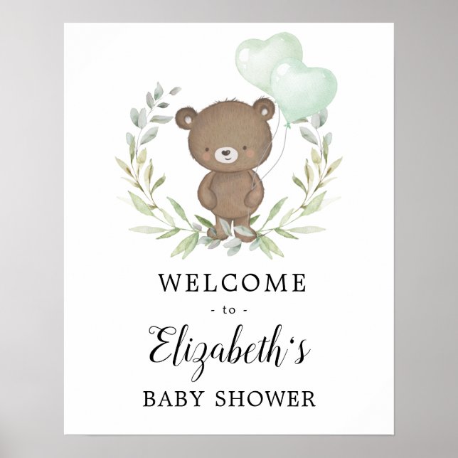 Poster Baby shower vert Teddy Bear Neutre Bienvenue (Devant)