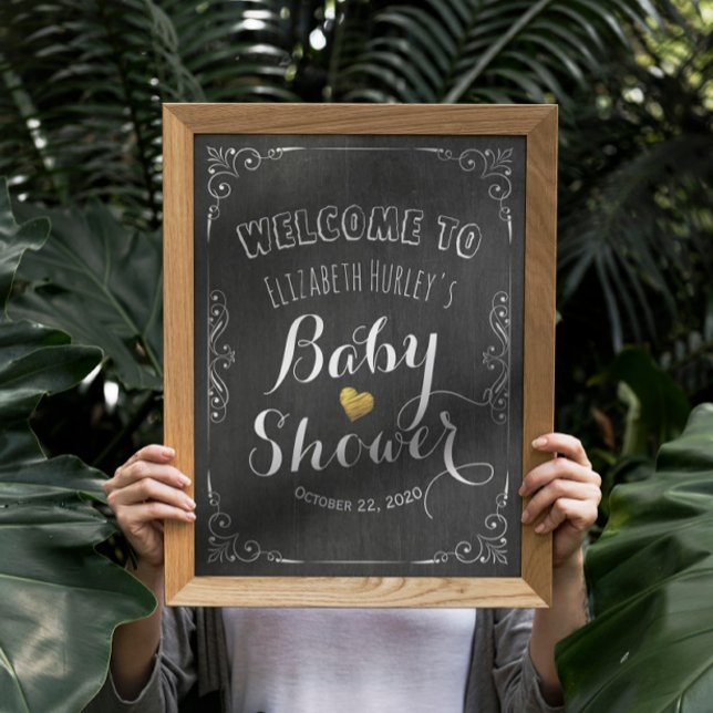 Poster Baby shower Welcome Black White Floral Chalkboard (Créateur téléchargé)