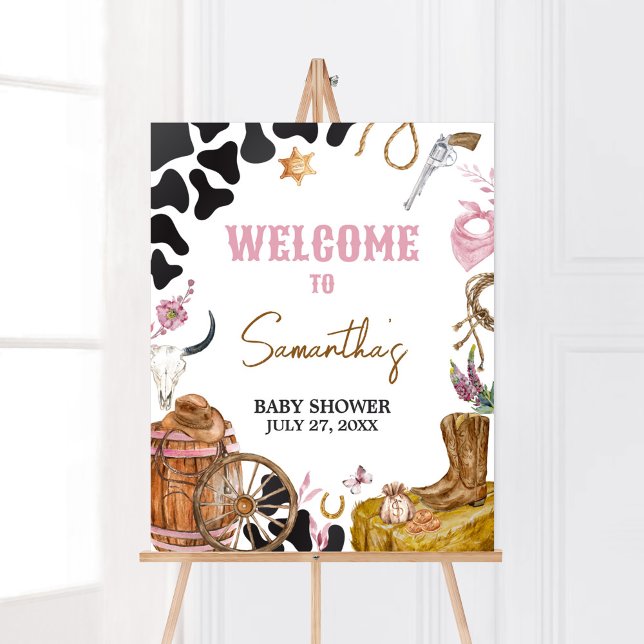 Poster Baby shower Western Cowgirl Bienvenue (Country Cowgirl Rodeo Baby Shower Welcome Sign)