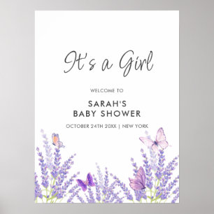 Poster Baby shower Whimsical Lavender Butterfly Bienvenue
