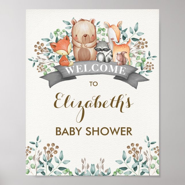 Poster Baby shower Whimsical Woodland Animaux Bienvenue (Devant)