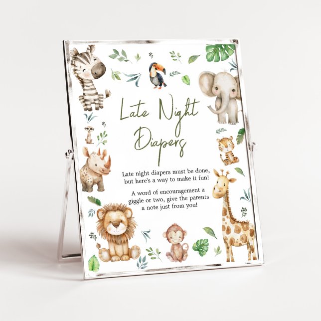 Poster Baby shower Wild One Safari Late Night Diapers (Little Wild One Safari Animals Baby Shower Late Night Diapers Sign)