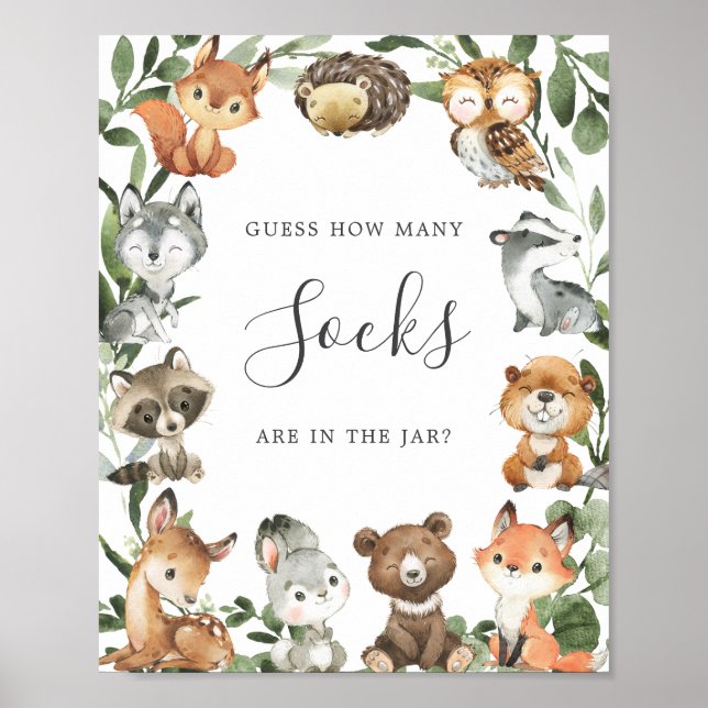 Poster Baby shower Woodland Devine Combien de Chaussettes (Devant)