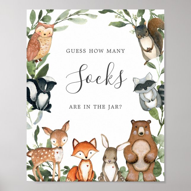 Poster Baby shower Woodland Devine Combien de Chaussettes (Devant)