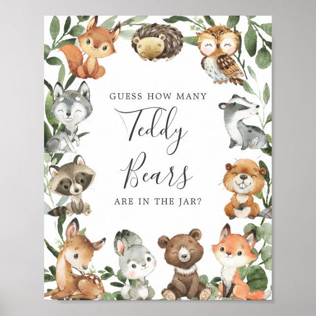 Poster Baby shower Woodland Devine Combien de Nounours (Devant)