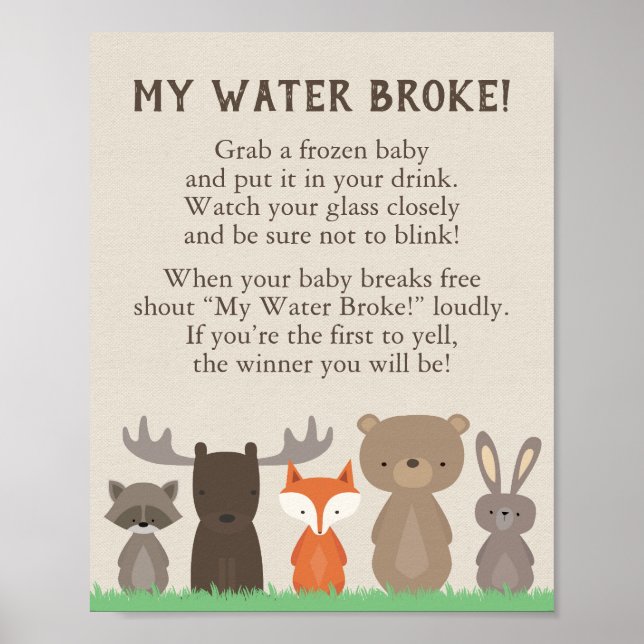 Poster Baby shower Woodland My Water Broke Jeu (Devant)