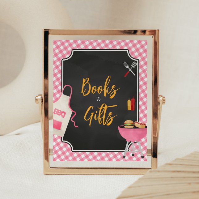Poster Baby showers BBQ En vichy rose Livres et Cadeaux (Girl Baby-Q Baby Shower Books and Gifts Sign)