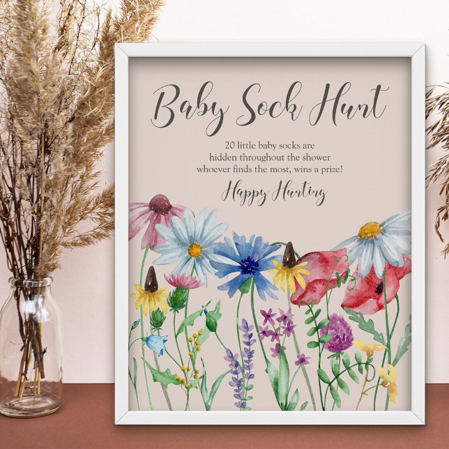 Poster Baby Sock Chasse Fleur sauvage Baby shower Jeu (Baby Sock Hunt baby shower game sign from my Wildflower Charm collection)