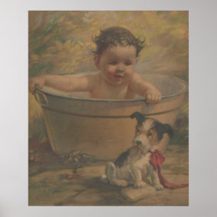 Poster Baby vintage dans une baignoire avec chiot en atte