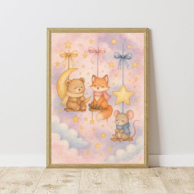 Poster Baby Woodland Animals Céleste Nursery Wall Art (Baby Woodland Animals Moon Stars Celestial Nursery Wall Art. Girls Nursery or Boys, Toddler Bedroom)