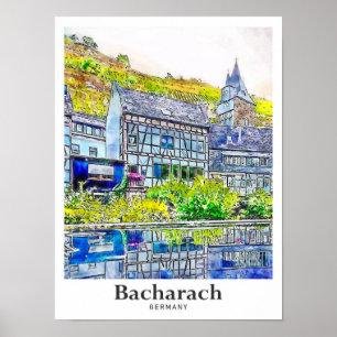 Poster Bacharach Allemagne Art Voyage Aquarelle main tiré