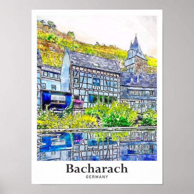 Poster Bacharach Allemagne Art Voyage Aquarelle main tiré (Devant)