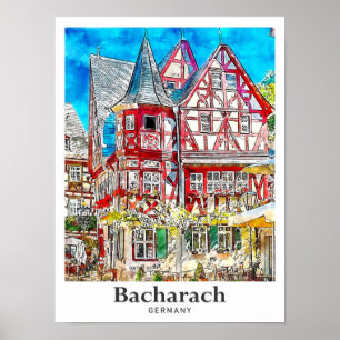 Poster Bacharach Allemagne Voyage Aquarelle main tirée