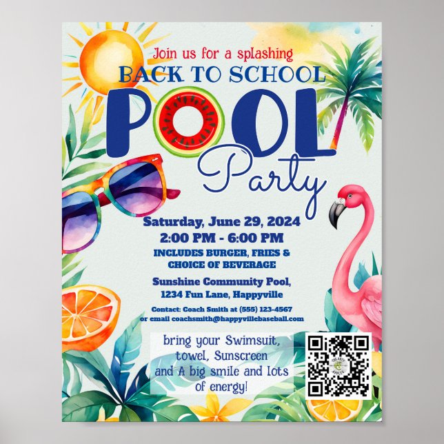 Poster back to school Pool party class friends birthday (Devant)