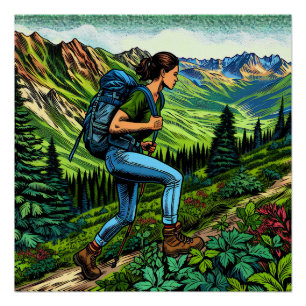 Poster Backpacking Girl Randonnée le sentier