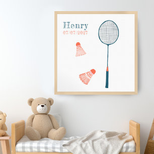 Poster Badminton vintage PERSONNALISÉ NOM DU BÉBÉ NAISSAN