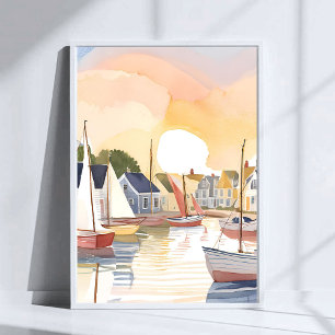 Poster Baie des bateaux   Peinture aquarelle de l'océan c