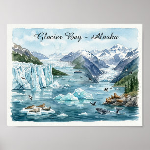 Poster Baie des glaciers Alaska Parc national Aquarelle