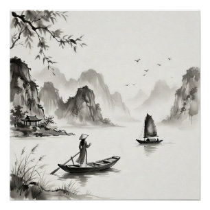Poster Baie d'Halong Vietnam Paysage à l'encre de Chine