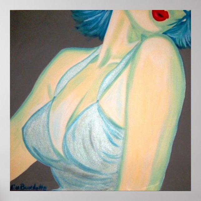 Poster Baiser Poster, épingle, lèvres gris rétro bleu Kim (Devant)