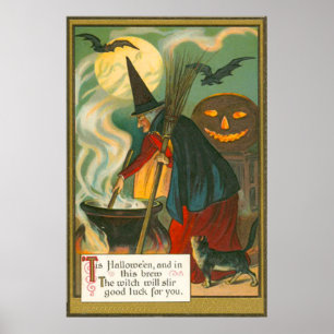Poster Balai de Sorcière Chaudron Citrouille chauve-souri