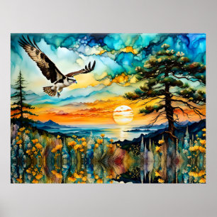 Poster Balbuzard pêcheur en vol au-dessus des fleurs sauv