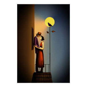 Poster Balcon au Clair de Lune Romantique – Amour Noir Vi