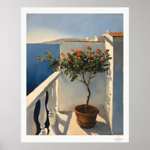 Poster Balcon méditerranéen ensoleillé avec fleurs peintu