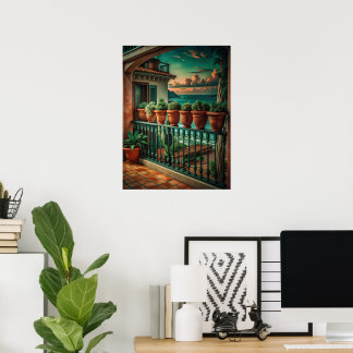 Poster Balcon méditerranéen vibrant Vue sur la mer Art